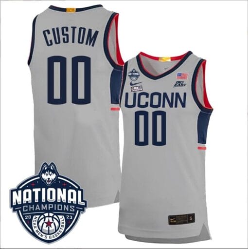 Custom UConn Huskies Jersey Name and Number 2023 National Champions College Basketball Gray