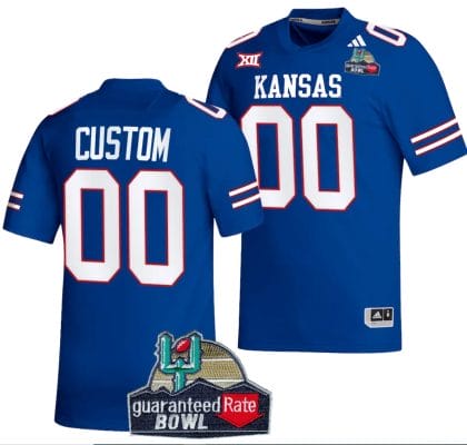 Custom Kansas Jayhawks Jersey Name and Number 2023 Guaranteed Rate Bowl Champs Football Royal