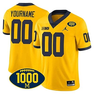 Custom Michigan Wolverines Jersey Name and Number 1000 Wins Patch Football Yellow