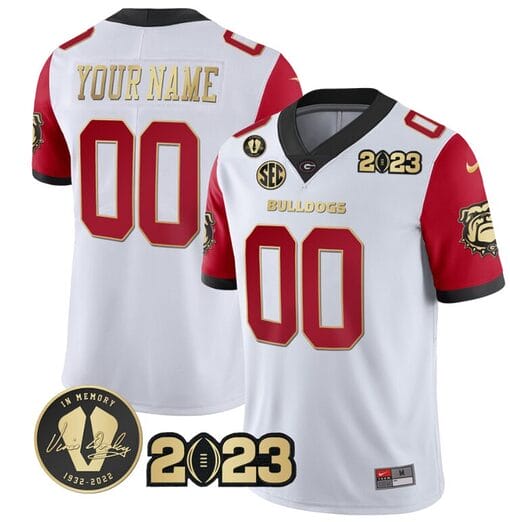 Custom Georgia Bulldogs Jersey Name and Number Football 2023 Vince Dooley Patch Gold Color White All Stitched