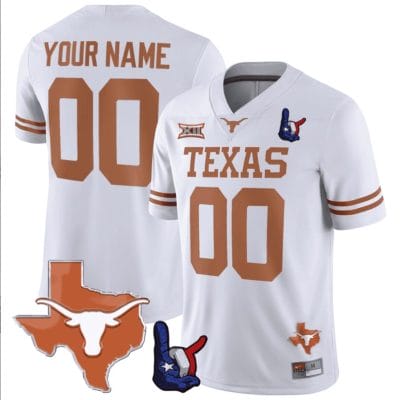 Custom Texas Longhorns Jersey Name and Number Texas State and Throwing Up The H Patch White