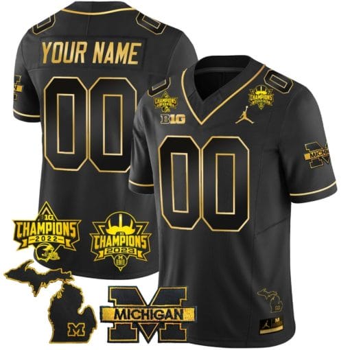Custom Michigan Wolverines Jersey Name and Number 2023 Big Ten Back to Back Champions Patch Black Gold