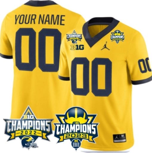 Custom Michigan Wolverines Jersey Name and Number 2023 Big Ten Back to Back Champions Patch Maize