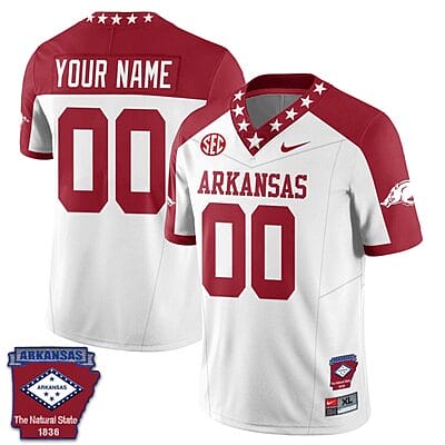Custom Arkansas Razorback Jersey Name and Number Football The Natural State Patch White Alternate