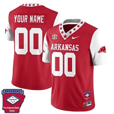 Custom Arkansas Razorback Jersey Name and Number Football The Natural State Patch White Sleeves