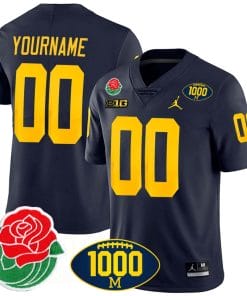 Custom Michigan Wolverines Jersey Name and Number 1000 Wins & Rose Bowl Patch Special Navy