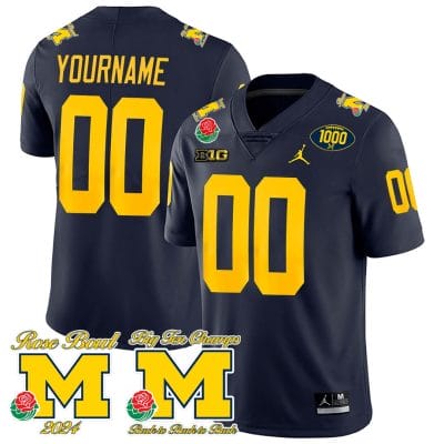 Custom Michigan Wolverines Jersey Name and Number 1000 Wins Rose Bowl Big Ten Champs Patch Navy