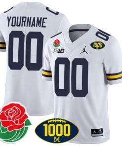 Custom Michigan Wolverines Jersey Name and Number 1000 Wins & Rose Bowl Patch Special White