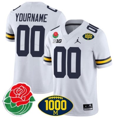 Custom Michigan Wolverines Jersey Name and Number 1000 Wins & Rose Bowl Patch Special White