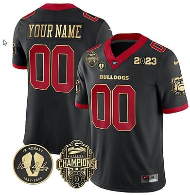 Custom Georgia Bulldogs Jersey Name and Number Football 2023 Back To Back Champions Vince Dooley Patch Black Gold Trim All Stitched