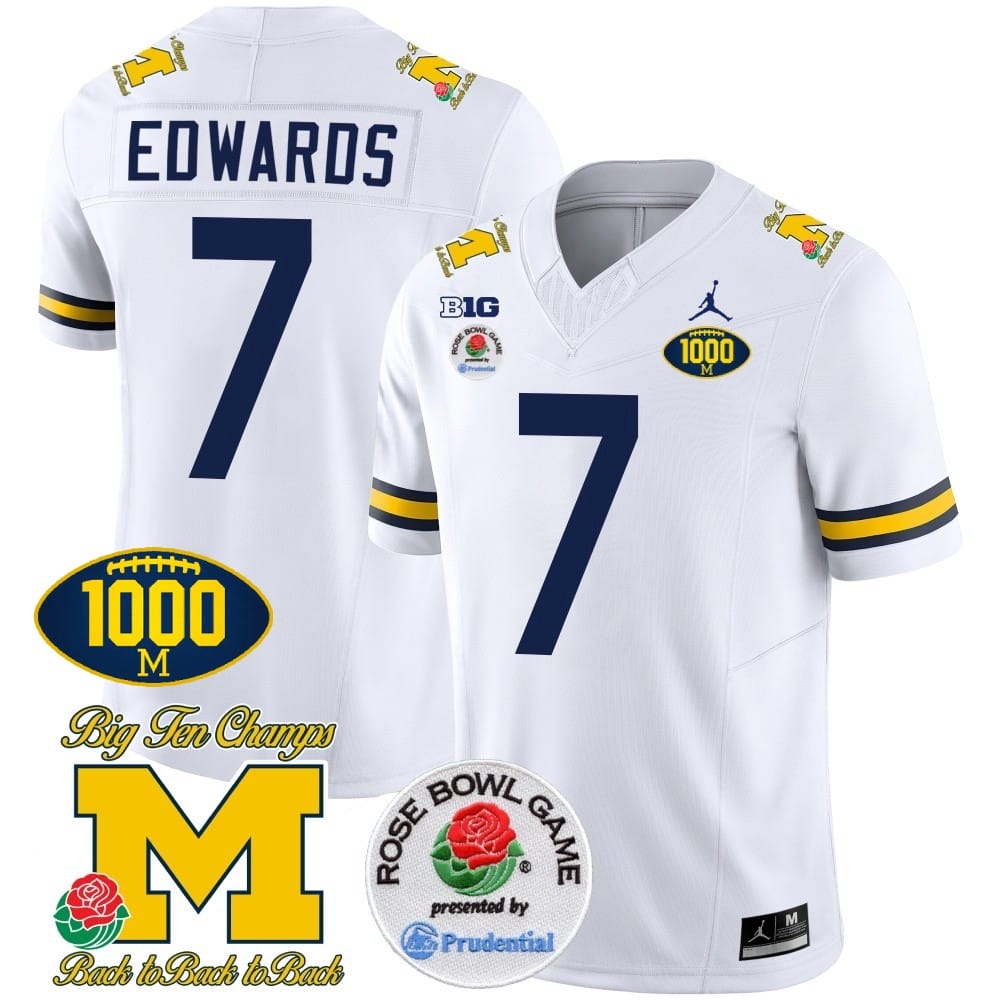 Donovan Edwards Jersey #7 Michigan Wolverines Vapor Stitched 1000 Wins Rose Bowl Patch White