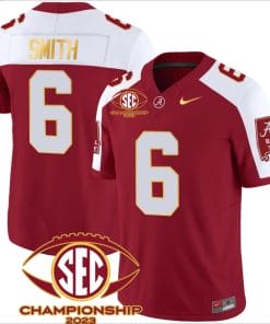 DeVonta Smith Jersey #6 Alabama Crimson SEC Championship 2023 Patch Vapor Gold Football Crimson Alternate