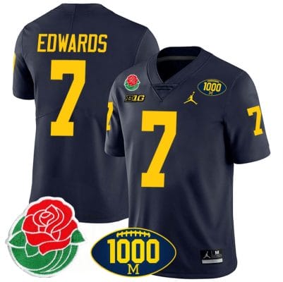 Donovan Edwards Jersey #7 Michigan Wolverines 1000 Wins & Rose Bowl Patch Special Navy