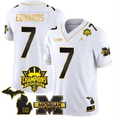 Donovan Edwards Jersey #7 Michigan Wolverines 2023 Big Ten Champions Patch Stitched White Gold