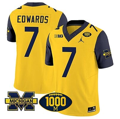 Donovan Edwards Jersey #7 Michigan Wolverines 1000 Wins Patch Vapor College Football Navy Sleeves