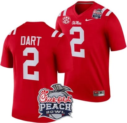 Jaxson Dart Jersey #2 Ole Miss Rebels Peach Bowl Patch 2024 College Football Red