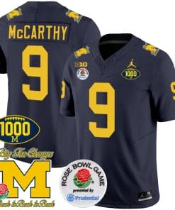 JJ McCarthy Jersey #9 Michigan Wolverines Vapor Stitched 1000 Wins Rose Bowl Patch Navy