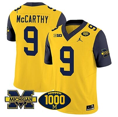 JJ McCarthy Jersey #9 Michigan Wolverines 1000 Wins Patch Vapor College Football Navy Sleeves
