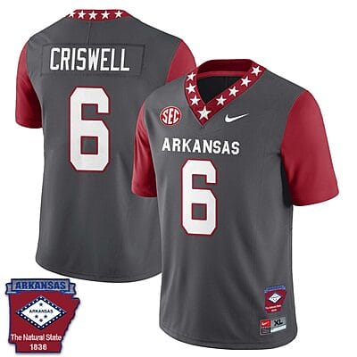 Jacolby Criswell Jersey #6 Arkansas Razorback Football Arkansas Patch Red Sleeves
