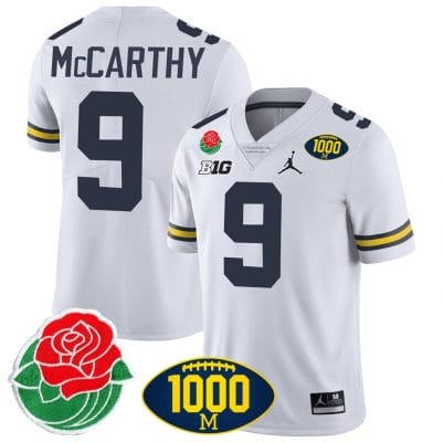 JJ McCarthy Jersey #9 Michigan Wolverines 1000 Wins & Rose Bowl Patch Special White