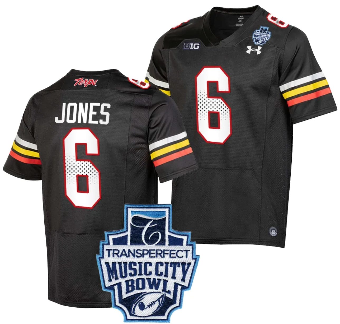 Jeshaun Jones Jersey #6 Maryland Terrapins 2023 Music City Bowl Patch Football Black