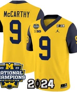 JJ McCarthy Jersey #9 Michigan Wolverines Vapor Limited Football 2024 National Champions Patch Navy Sleeves