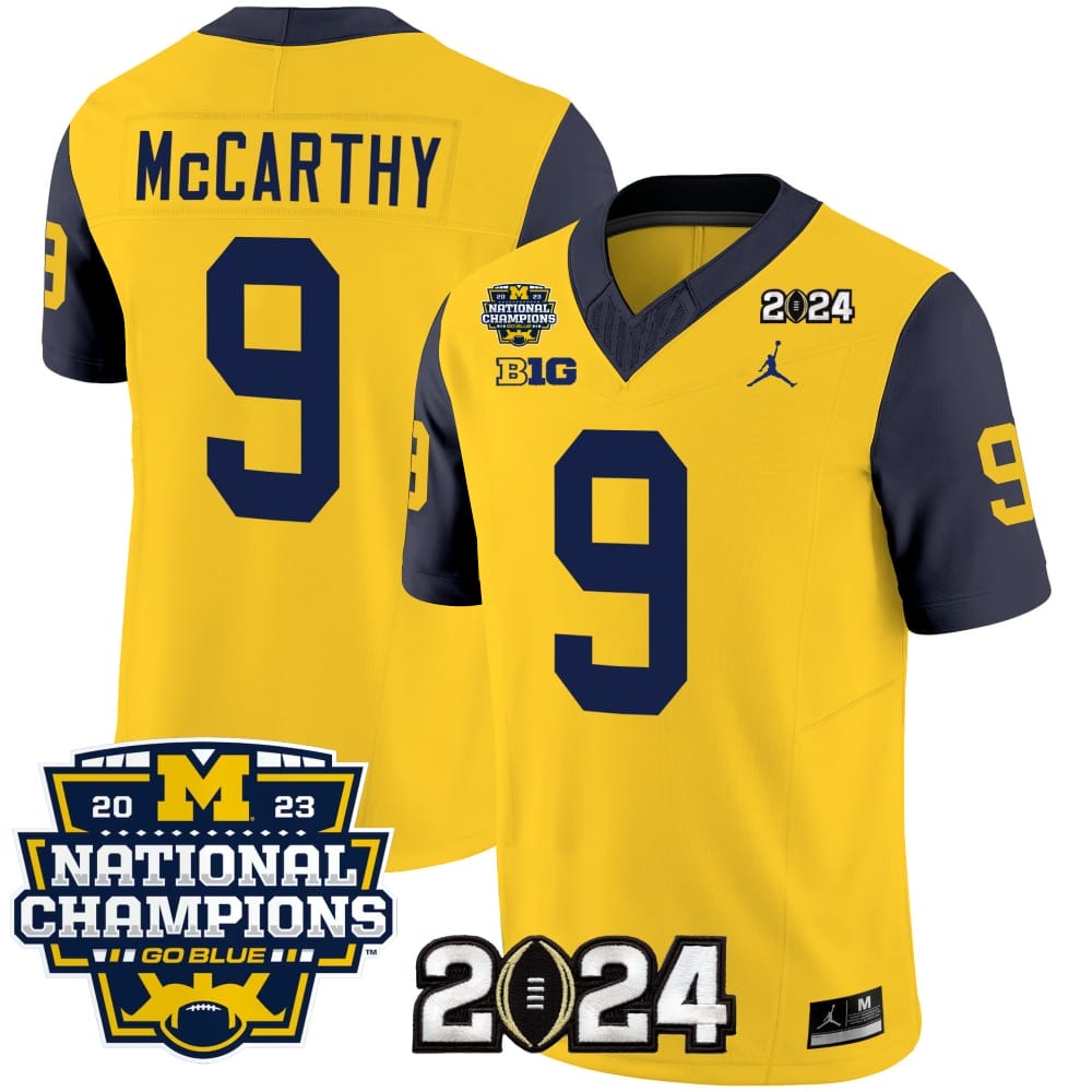JJ McCarthy Jersey #9 Michigan Wolverines Vapor Limited Football 2024 National Champions Patch Navy Sleeves