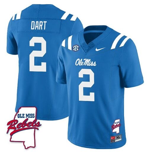 Jaxson Dart Jersey #2 Ole Miss Rebels Football Ole Map All Stitched Blue