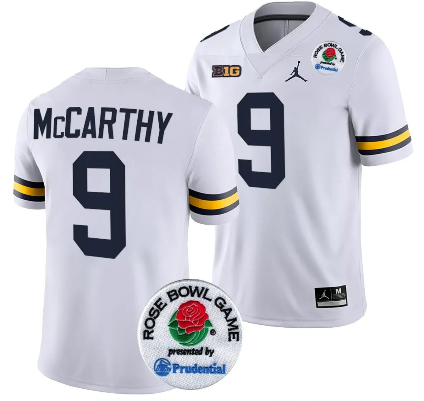 JJ McCarthy Jersey #9 Michigan Wolverines Rose Bowl Game 2024 Patch College Football Playoff White
