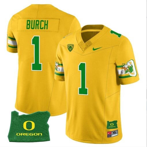 Jordan Burch Jersey #1 Oregon Ducks ‘Mighty Oregon’ Throwback Football Uniforms Oregon State Patch Yellow