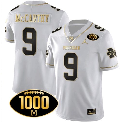 JJ McCarthy Jersey #9 Michigan Wolverines 1000 Wins Patch Football All Stitched White Gold