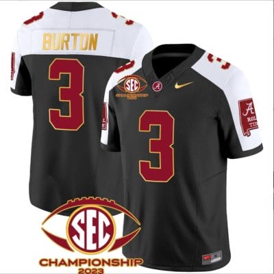 Jermaine Burton Jersey #3 Alabama Crimson SEC Championship 2023 Patch Vapor Gold Football Black Alternate
