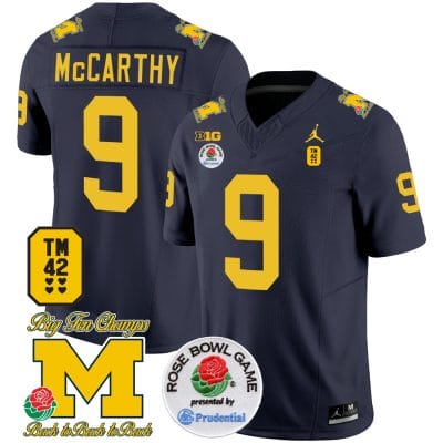 JJ McCarthy Jersey #9 Michigan Wolverines Vapor TM 42 Honor Rose Bowl Patch Football Navy