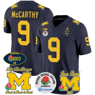 JJ McCarthy Jersey #2 Michigan Wolverines Vapor 1003 Wins Rose Bowl Patch Football Navy