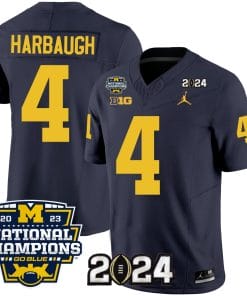 Jim Harbaugh Jersey #4 Michigan Wolverines Vapor Limited Football 2024 National Champions Patch Navy