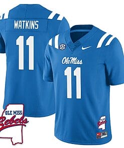 Jordan Watkins Jersey #11 Ole Miss Rebels Football Ole Map All Stitched Blue