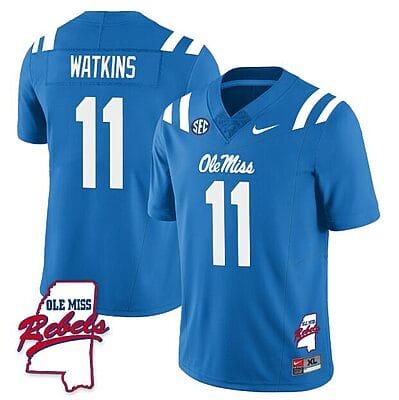 Jordan Watkins Jersey #11 Ole Miss Rebels Football Ole Map All Stitched Blue