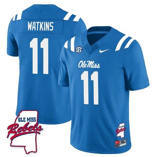 Jordan Watkins Jersey #11 Ole Miss Rebels Football Ole Map All Stitched Blue