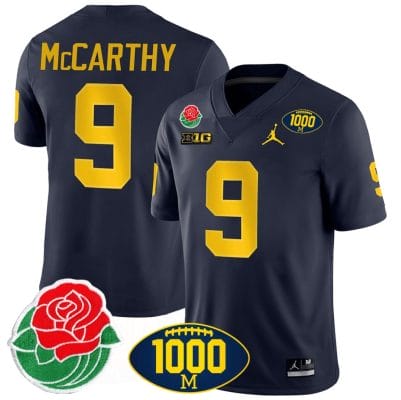 JJ McCarthy Jersey #9 Michigan Wolverines 1000 Wins & Rose Bowl Patch Special Navy