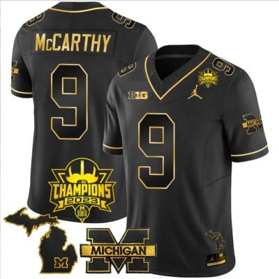 JJ McCarthy Jersey #9 Michigan Wolverines 2023 Big Ten Champions Patch Stitched Black Gold