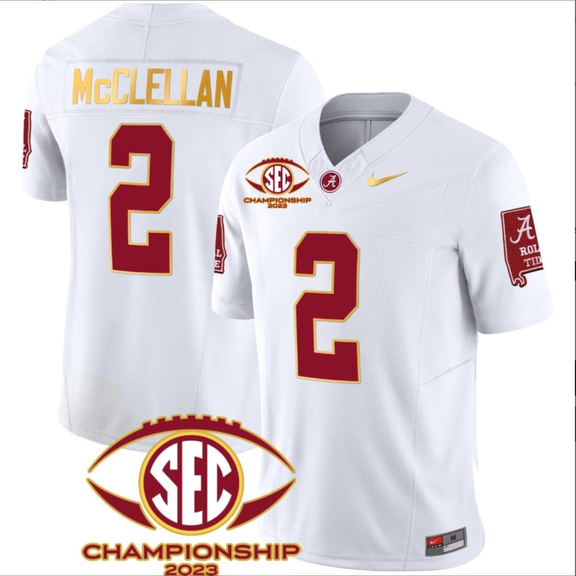 Jase McClellan Jersey #2 Alabama Crimson SEC Championship 2023 Patch Vapor Gold Football White