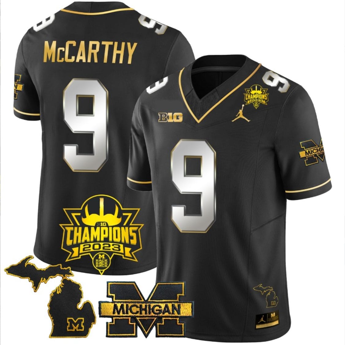 JJ McCarthy Jersey #9 Michigan Wolverines 2023 Big Ten Back to Back Champions Patch Stitched Black Limited