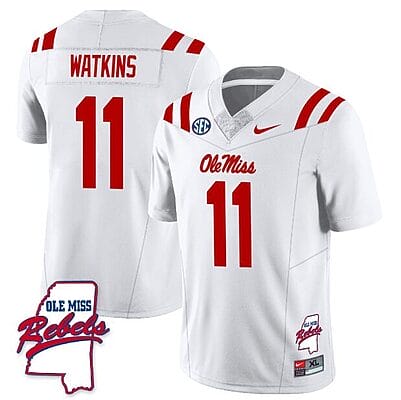 Jordan Watkins Jersey #11 Ole Miss Rebels Football Ole Map All Stitched White
