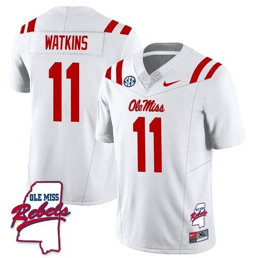 Jordan Watkins Jersey #11 Ole Miss Rebels Football Ole Map All Stitched White