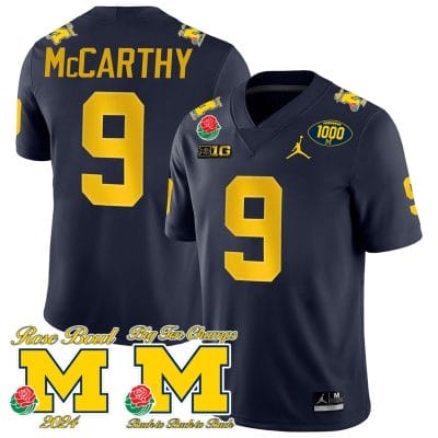 JJ McCarthy Jersey #9 Michigan Wolverines 1000 Wins Rose Bowl Big Ten Champs Patch Navy