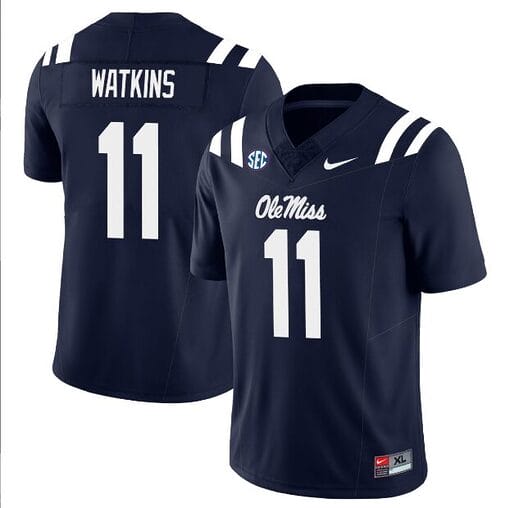 Jordan Watkins Jersey #11 Ole Miss Rebels Football All Stitched Navy
