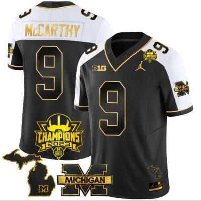 JJ McCarthy Jersey #9 Michigan Wolverines 2023 Big Ten Back to Back Champions Patch Stitched Gold Alternate
