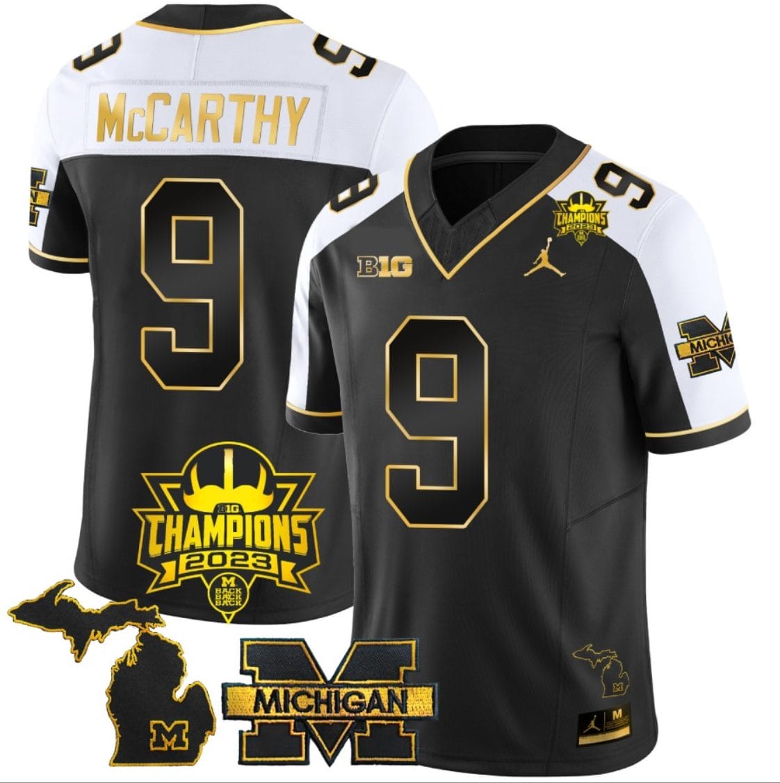 JJ McCarthy Jersey #9 Michigan Wolverines 2023 Big Ten Back to Back Champions Patch Stitched Gold Alternate