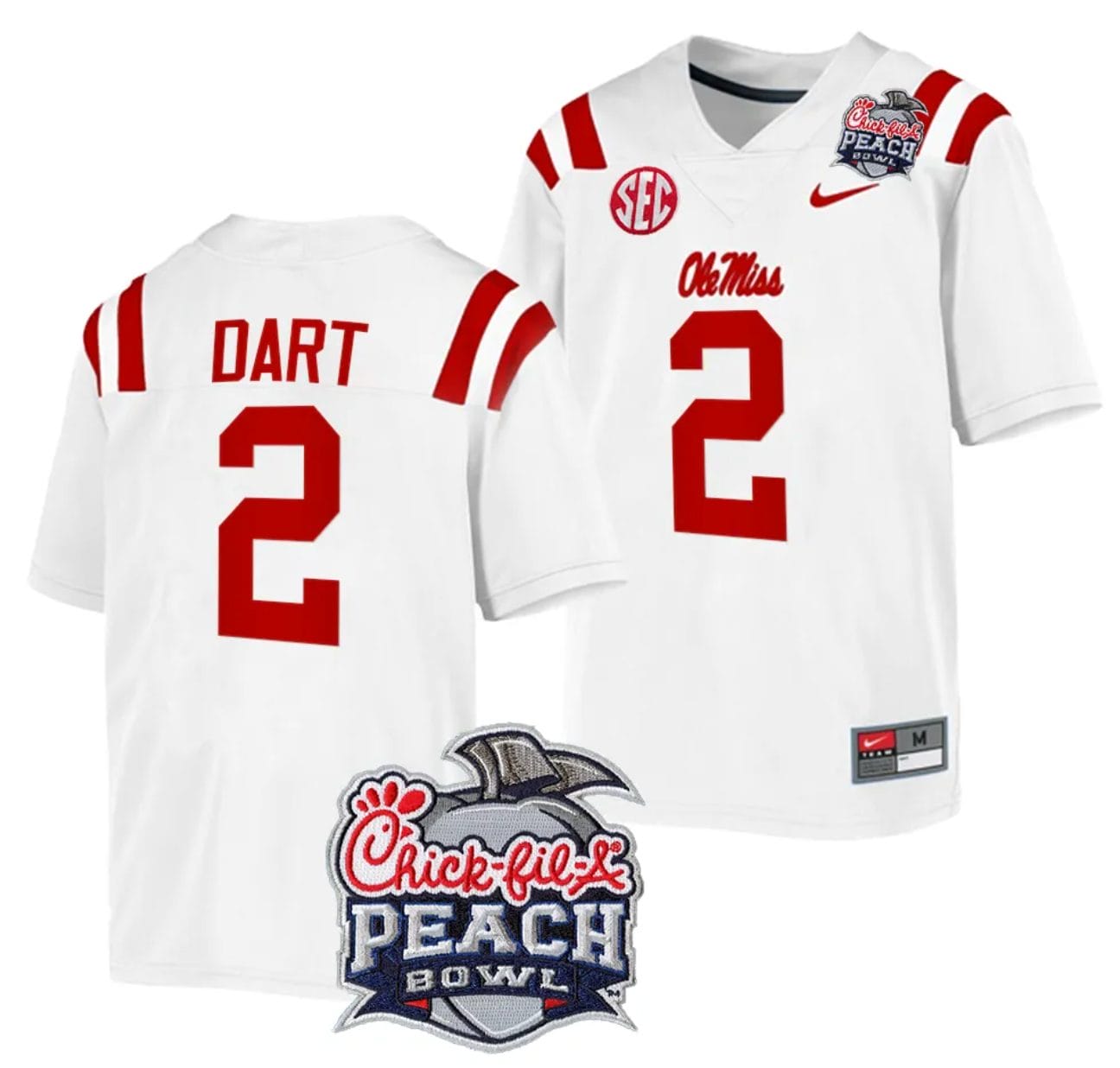 Jaxson Dart Jersey #2 Ole Miss Rebels Peach Bowl Patch 2024 College Football White