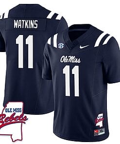 Jordan Watkins Jersey #11 Ole Miss Rebels Football Ole Map All Stitched Navy